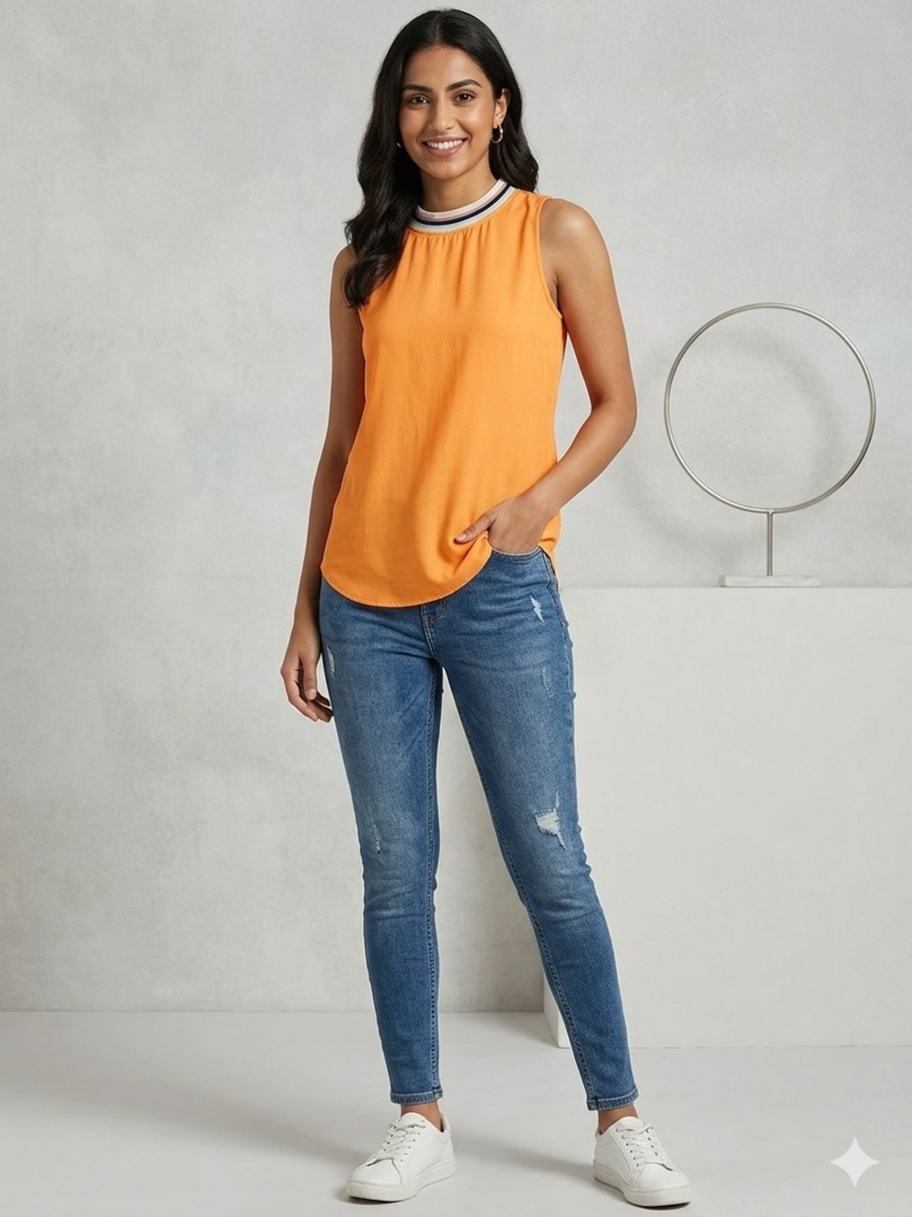 United Colors Of Benetton Bright Orange Sleeveless Camisole with Striped Collar